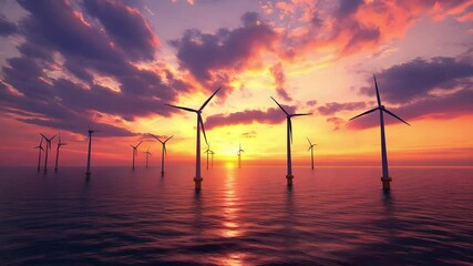 Offshore wind turbines generate clean renewable energy at sunset with vibrant sky and colorful clouds over calm ocean waters - Powered by Adobe