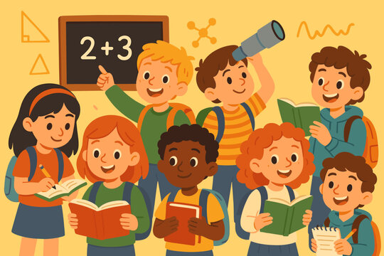 Diverse group of happy children learning in classroom. Elementary school students with backpacks studying math and science. Back to school concept vector illustration for education.