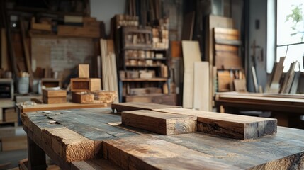 Fototapeta premium Wood Workshop Interior with Various Lumber Pieces on Workbench Surrounded by Shelves and Tools in Artisan Space
