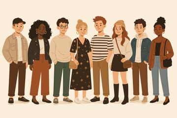 Fototapeta premium Group of young diverse people standing together. Multicultural friends or students in trendy casual clothes. Community of men and women. Fashion illustration vector character set.