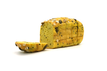 Sliced Pumpkin Bread with Mixed Grains on White Background