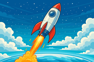 Cartoon rocket launch into space. Spaceship flying through clouds to stars. Business startup concept for success and growth. Vector illustration of a space mission adventure.