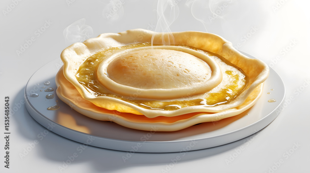 Poster a delicious-looking stack of pancakes drizzled with honey, steaming on a white plate. the pancakes h