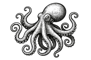 Octopus sketch in a vintage engraving woodcut style. Detailed monochrome hand drawn illustration of a sea monster. Kraken with tentacles. Isolated marine animal for logo or tattoo.