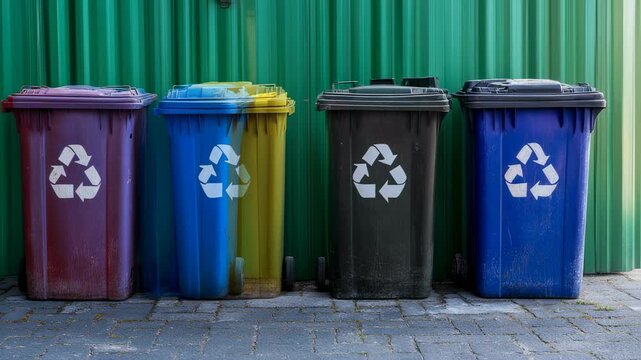Color-Coded Recycling Bins Aligned Against Corrugated Green Metal Fence Backdrop