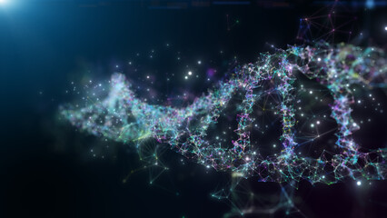 Abstract digital plexus DNA molecule, Blue background.