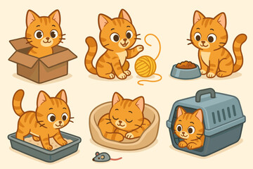 Cute ginger cat daily routine set. Cartoon kitten character collection: playing with yarn, sleeping in bed, eating food, in litter box, sitting in a box, pet carrier.
