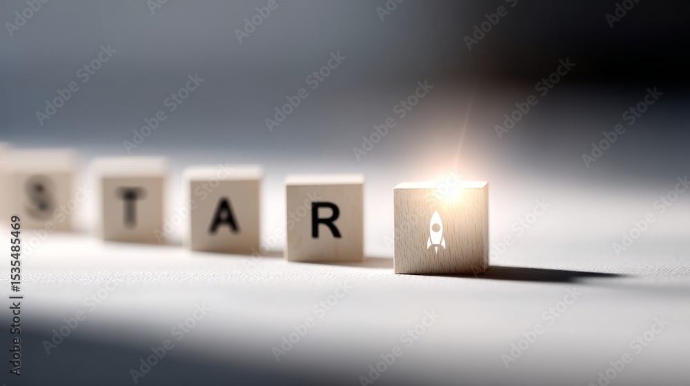 Poster a captivating display of the word star spelled with wooden blocks. one block features a rocket icon,
