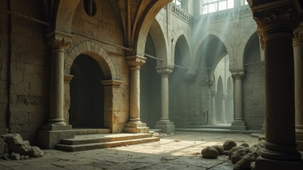 Ancient stone cathedral interior with arched columns and sunlight