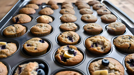 Muffins with blueberries in a metal pan placed on a table, ready to be served as a homemade dessert