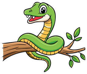 Cute cartoon green snake wrapped around a tree branch, isolated 