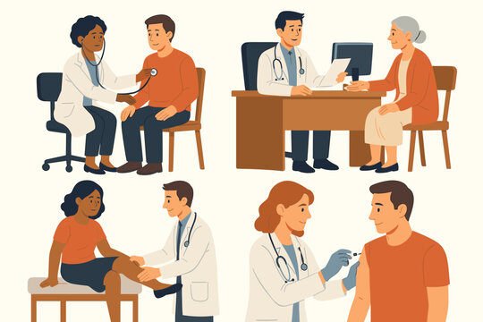 Medical checkup vector illustration set. Doctor and patient characters in a clinic. Scenes include consultation, vaccination injection, stethoscope exam, and physical check. Healthcare.