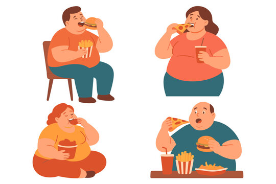 Set of overweight people eating fast food. Man and woman characters enjoying unhealthy junk food. Obesity, gluttony, and bad diet concept. Vector cartoon illustration collection.