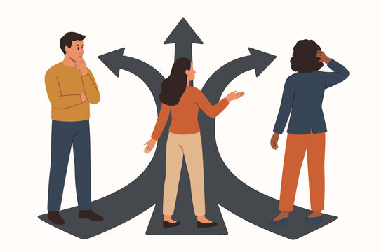Pensive people making a choice at crossroads. Metaphor for life path, career decisions, and business strategy. Confused characters facing a dilemma about future direction options.