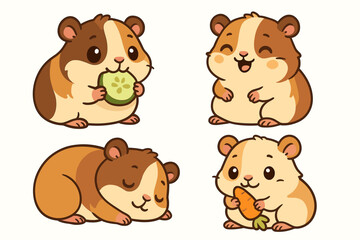 Cute guinea pig cartoon character set. Kawaii pet rodent collection with different emotions. Vector illustration of happy, sleeping, and eating guinea pigs with carrot and cucumber.