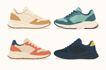 Stylish sneaker collection vector illustration. Set of four modern casual sports shoes. Fashionable footwear for training, running, and lifestyle. Isolated trainers side view.