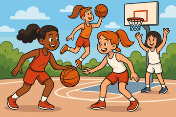 Happy diverse girls playing basketball on an outdoor court. Kids cartoon vector illustration. Female youth sports team competition. Children in action dribbling, jumping, shooting.