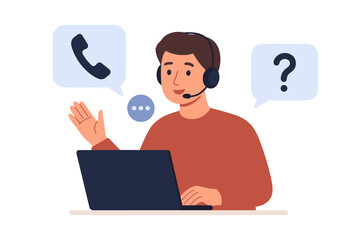 Customer support operator, call center agent man with headset at laptop. Online technical assistance, consultation concept. Helpdesk hotline worker answering questions. Vector.