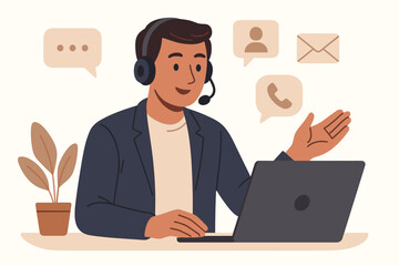 Call center operator man with headset working on laptop. Customer service agent providing support and assistance. Hotline, help desk, online consultation character concept vector.