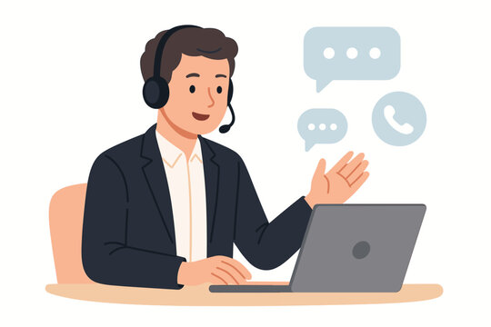 Call center agent man with headset and laptop. Customer service operator talking to client. Technical support, hotline, helpdesk consultant concept. Male character vector illustration.