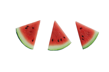 Three watermelon slices, triangular shapes, red flesh, black seeds, green rind