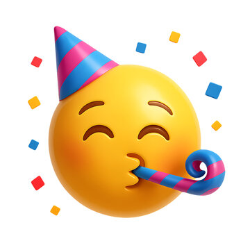 3d party face emoji with confetti and blower isolated on transparent background png