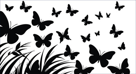 Naklejka premium Black Butterfly Silhouettes With Grass And Plants Nature Background Pattern