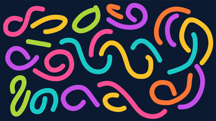 Abstract colorful swirl shapes in vibrant tones on dark background. Perfect for modern graphic design, dynamic backdrops, party flyers, and digital compositions. Trendy and playful look.