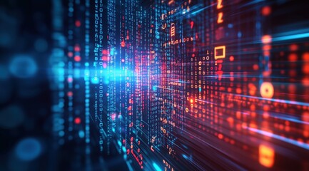 Digital Data Stream: A mesmerizing display of binary code flows through a complex network of digital pathways, evoking the intricate nature of the information age.