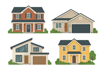 Vector illustration set of diverse houses. Collection of suburban family home exteriors with different architectural styles. Modern, classic, and traditional house facades.