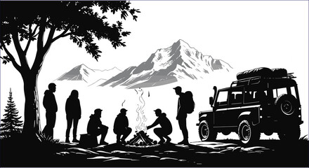 Campfire Silhouette With Mountains Four Wheel Drive Vehicle And Group