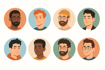 Diverse male avatar collection. Multicultural men profile pictures set. Young adult user icons for website or app. Modern flat design character portraits. Vector people headshots.