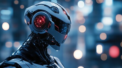 Fototapeta premium Futuristic Vision: A close-up of a robot head with glowing red eyes, showcasing advanced technology.