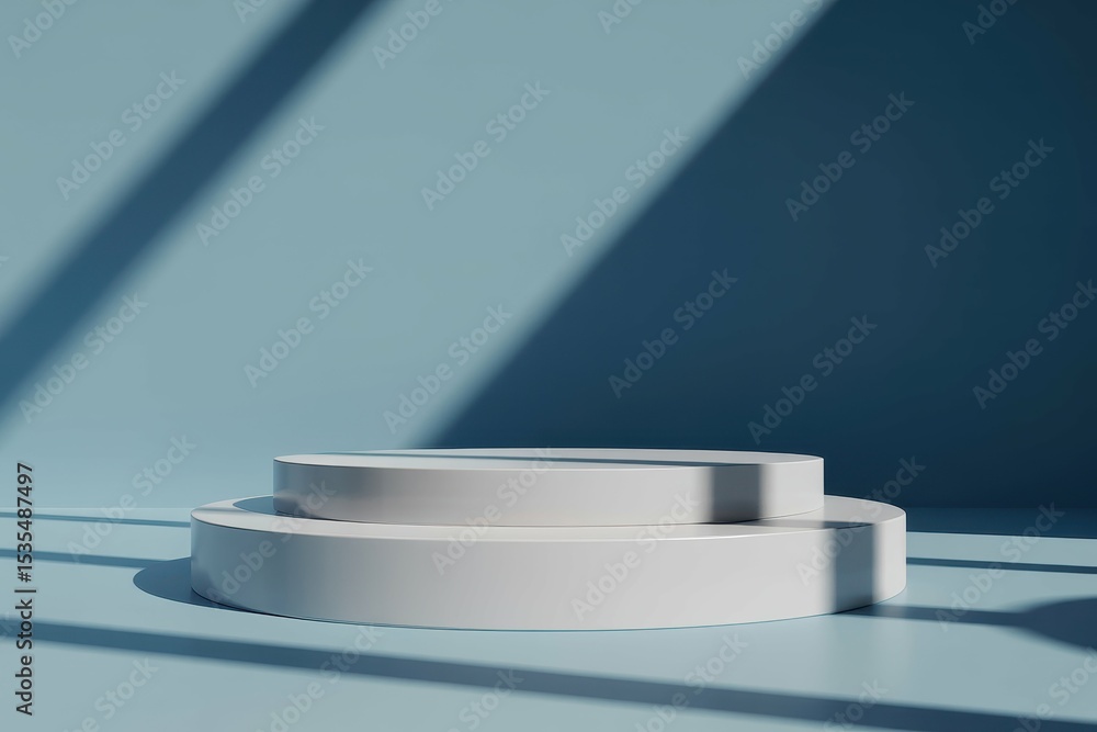 Poster blue background for product presentation with shadows and light empty podiums mockup