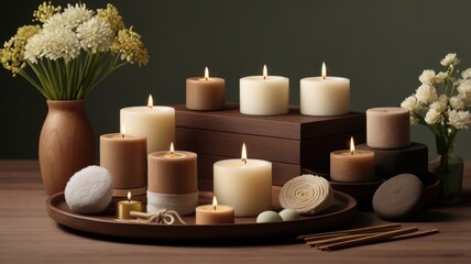 Group of various cylindrical candles displayed on a wooden surface.