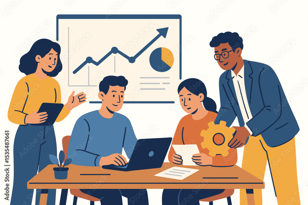 Poster teamwork collaboration concept. diverse business people in a meeting analyzing data chart for growth
