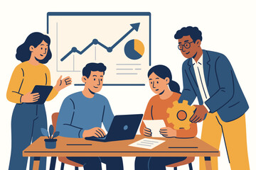 Teamwork collaboration concept. Diverse business people in a meeting analyzing data chart for growth. Colleagues planning strategy. Office project management and brainstorming.