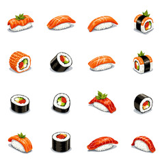 Assorted sushi rolls and nigiri arranged in a grid pattern  