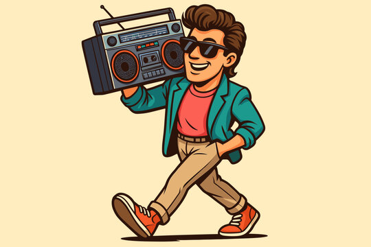 Retro 1980s man character carrying a boombox on his shoulder. Cool dude in sunglasses walking and listening to music. Vintage eighties fashion pop culture cartoon vector illustration.