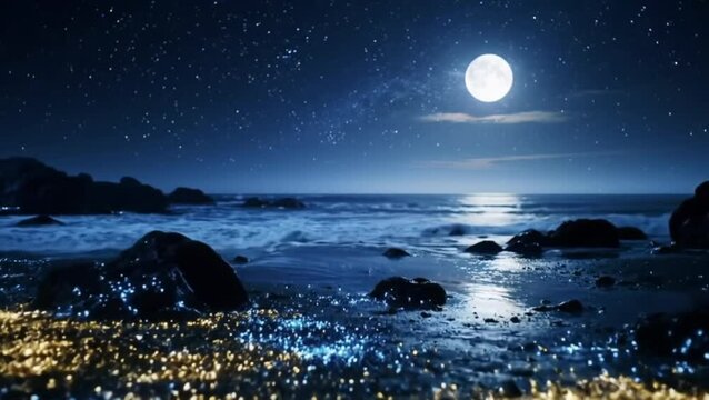 Night beach with glowing sand under starry sky and full moon, seamless looping 4k time-lapse animation video background
