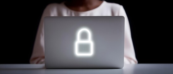 Secure laptop with glowing lock symbol in dark setting