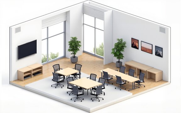 Visualization of a conference room layout with emphasis on efficient use of space, audiovisual equipment, and comfortable seating for effective meetings. High quality