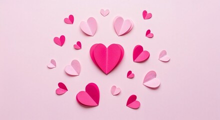 Colorful paper hearts arranged on pink background for decoration  