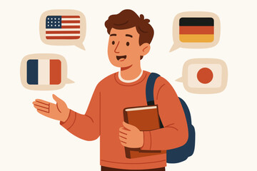 Polyglot student vector illustration. Multilingual man learning foreign languages. International communication, education concept. Exchange student speaking English, German, French.