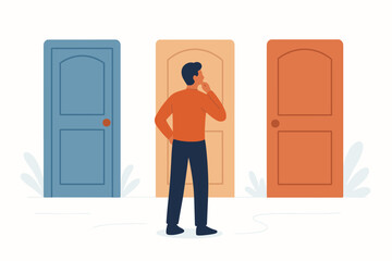 Man choosing between three doors. Concept of choice, decision making, and opportunity. Metaphor for life path, career options, or future strategy. Dilemma and solution finding.
