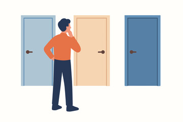 Man choosing a door concept. Making a decision about the future, career path, or life opportunity. Businessman facing a dilemma, thinking about different choices and solutions.