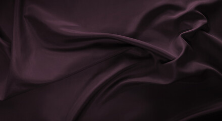 Luxury premium elegant dark purple silk satin fabric backdrop. Cherry Lacquer fashion color 2025. Pale pastel wavy material with foldes. Violet tone. Abstract drapery matte, twisted swirl. Wide banner