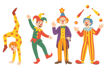 Set of funny circus clowns and jesters. Collection of carnival performers. Juggler, acrobat doing handstand, and happy characters in colorful costumes. Cartoon vector illustration.