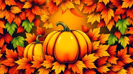 A pumpkin and two pumpkins are on a leafy background. The pumpkin is surrounded by leaves and is the main focus of the image