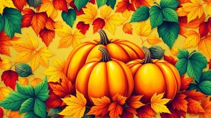 A colorful autumn scene with three pumpkins and leaves. The pumpkins are orange and the leaves are green